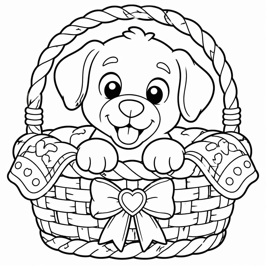 Black-and-white coloring page of a puppy in a basket with kids, mandala geometric line art, clean printable outlines.