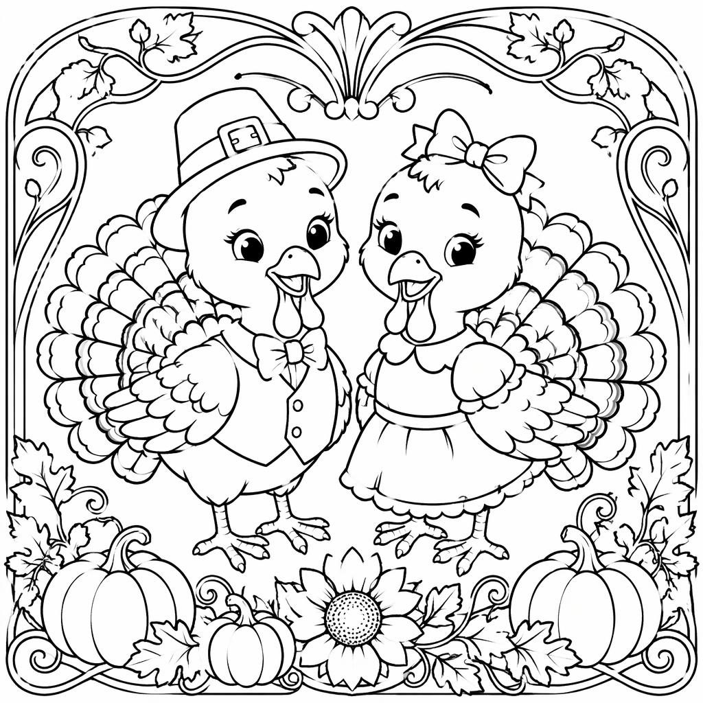 Schwarz-weiße Ausmalseite mit detailreichem Thanksgiving-Truthahn im Jugendstil für Erwachsene, klare Konturen.