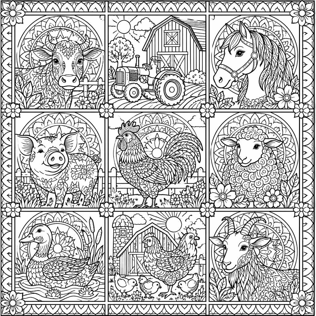 Página para colorear en blanco y negro con animales de granja para niños, estilo mandala en cuadricula y doodle