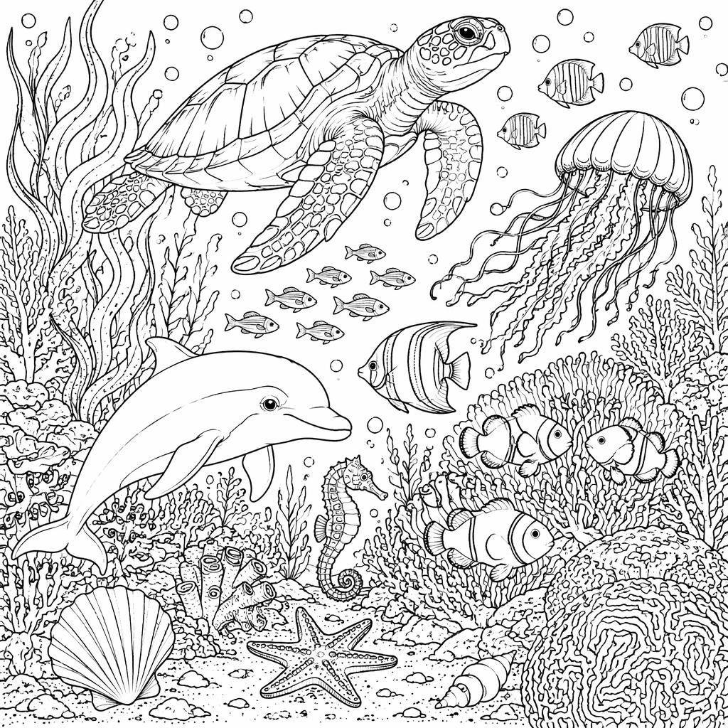 Black-and-white line art coloring page of an underwater ocean scene with fish, coral, and sea life in intricate detail.