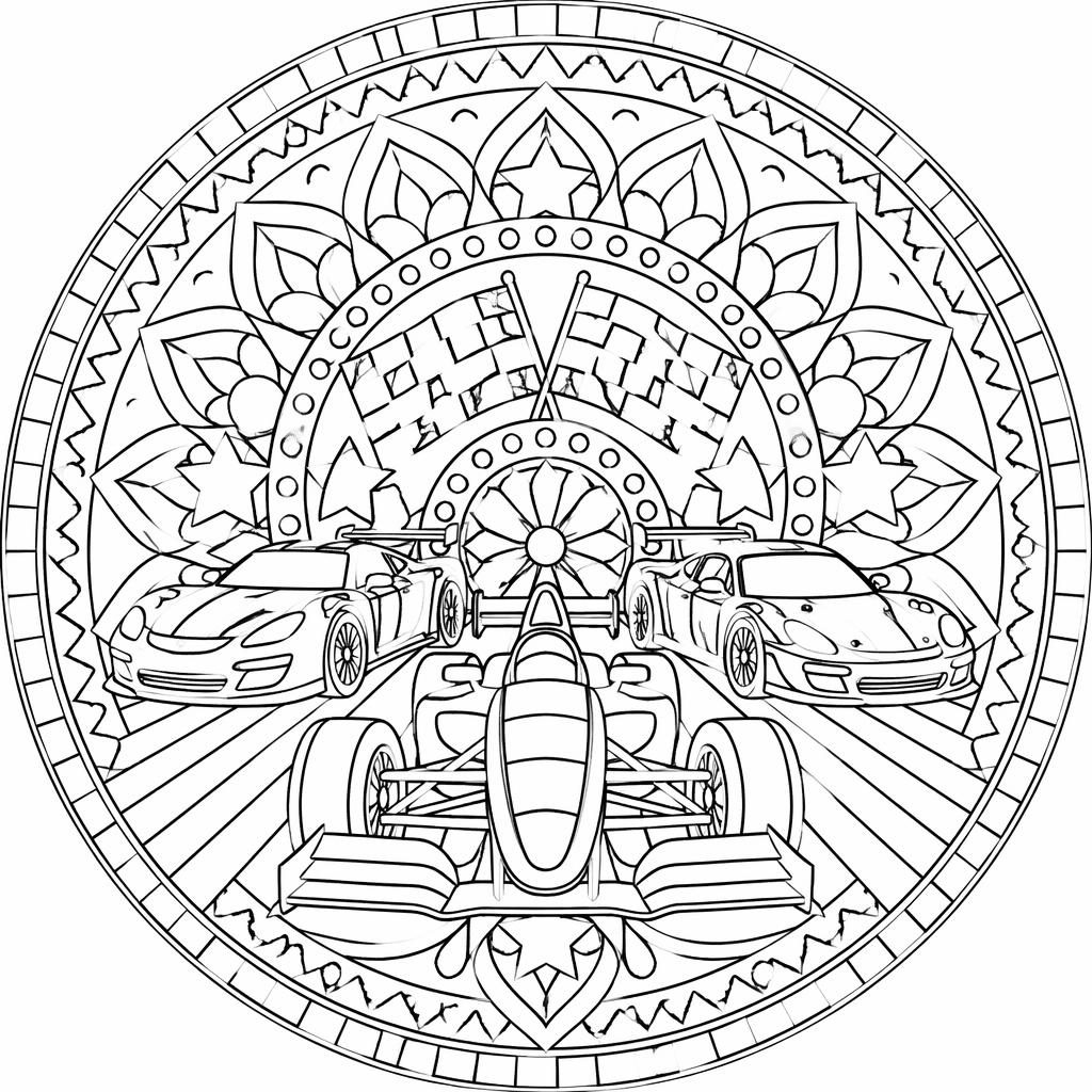 Ilustración para colorear en blanco y negro con coches de carreras infantiles y detalles geométricos tipo mandala.