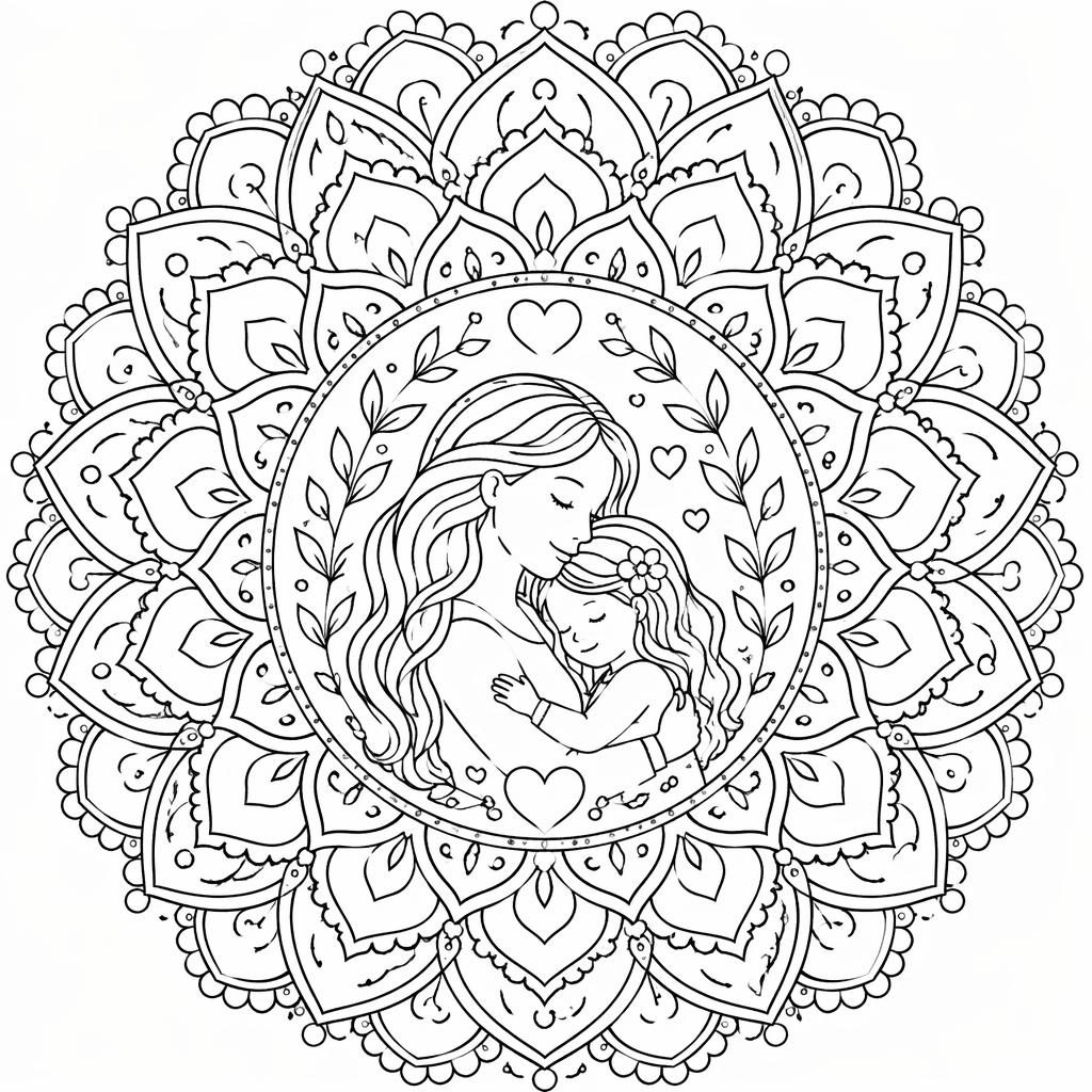 Ilustración en blanco y negro de un mandala adulto intrincado con detalles estilo manga y líneas limpias para colorear.