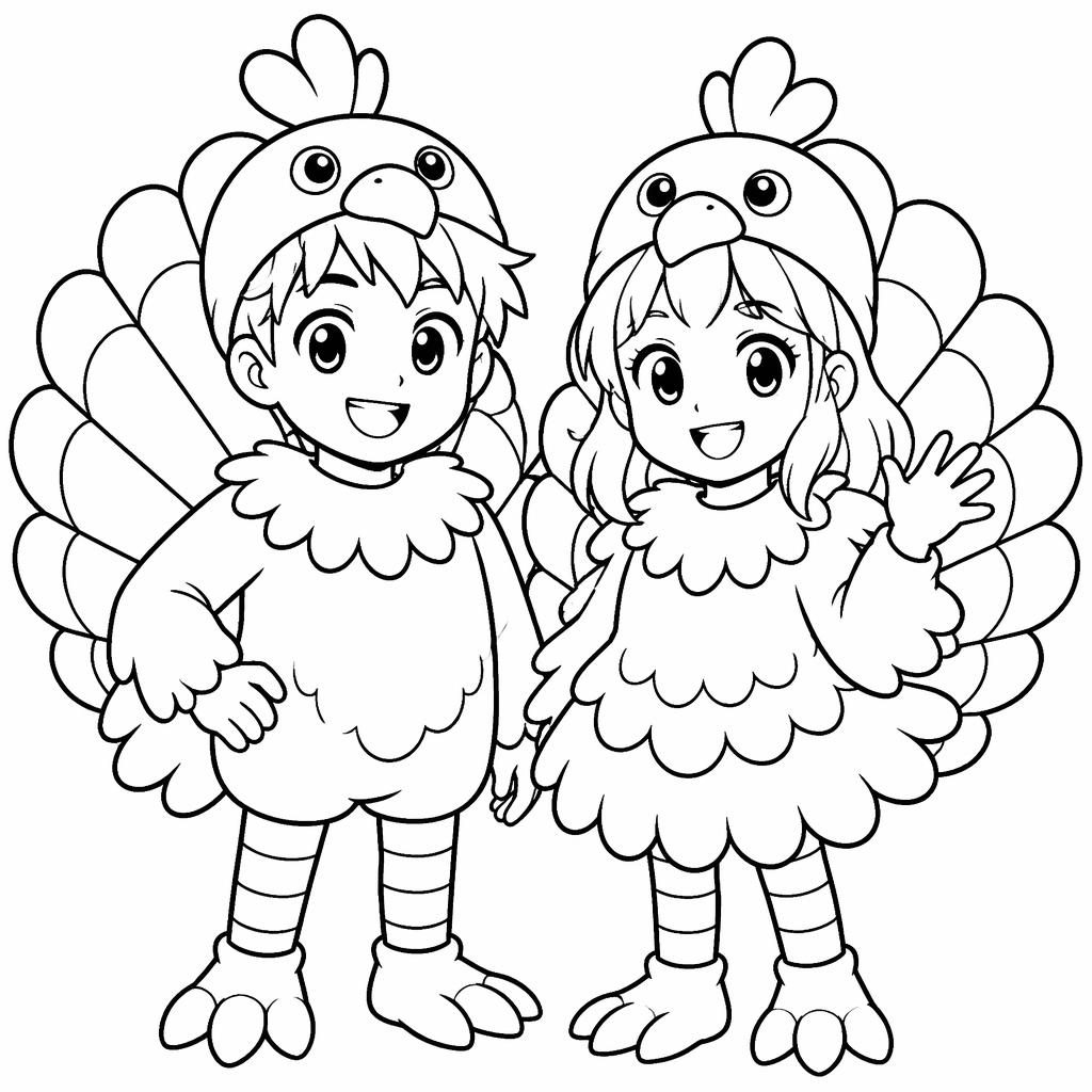 Ilustración para colorear en blanco y negro de niños con un pavo de Acción de Gracias, estilo manga simple.