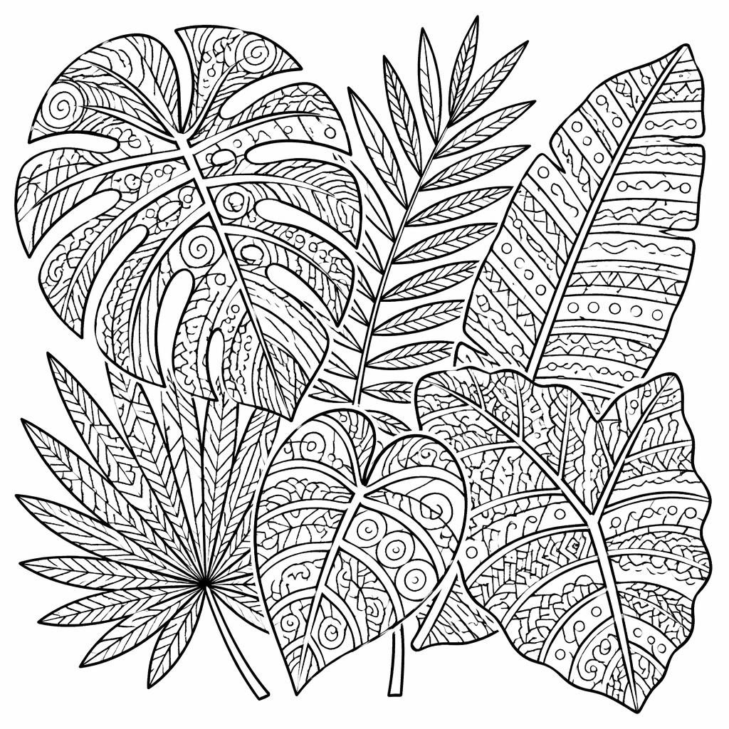 Ilustración en blanco y negro de hojas tropicales estilo zentangle, con contornos limpios y formas cerradas para colorear.