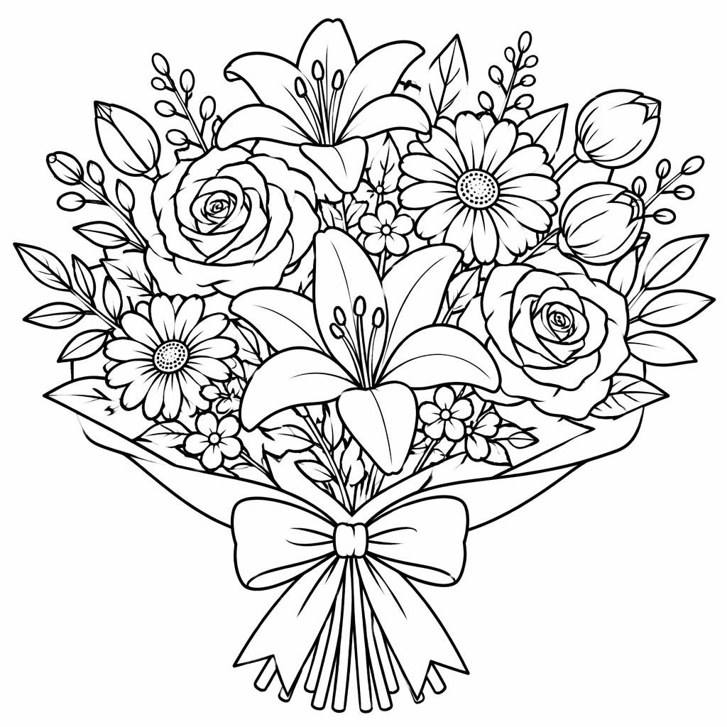 Ilustración en blanco y negro de un ramo de flores con contornos simples y cerrados sobre fondo blanco.