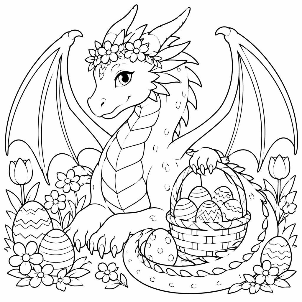 Illustration à colorier en noir et blanc d’un dragon fantasy adulte, style manga simple, contours épais sur fond blanc.