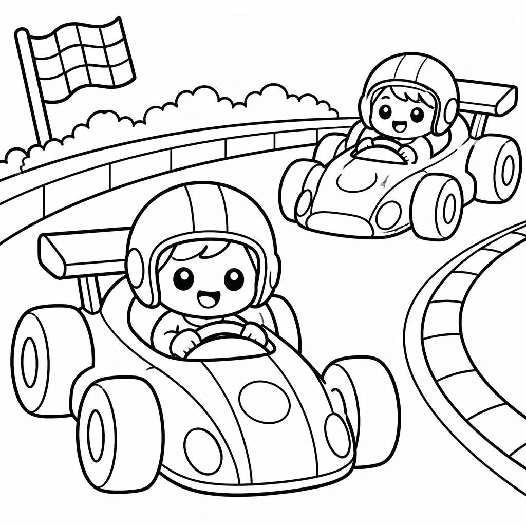 Illustration noir et blanc très simple de petites voitures de course pour enfants, style manga, contours épais.