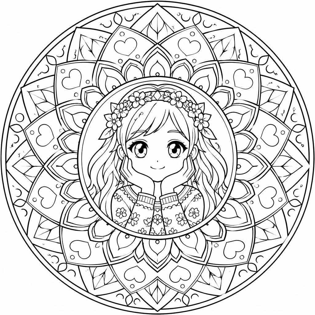Ilustración en blanco y negro de una mandala geométrica detallada para colorear, con líneas limpias y formas cerradas.