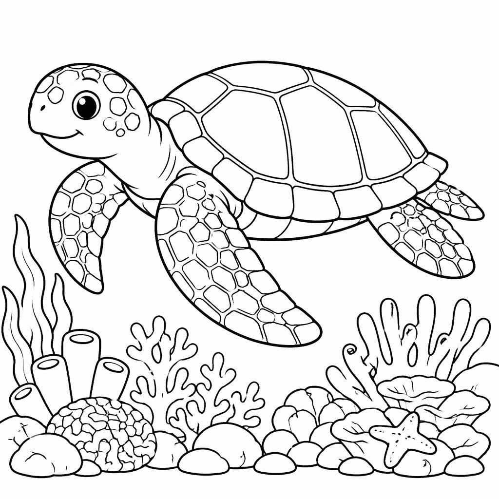 Black-and-white coloring page of a cute adult sea turtle swimming over a simple coral reef in clean cartoon line art.