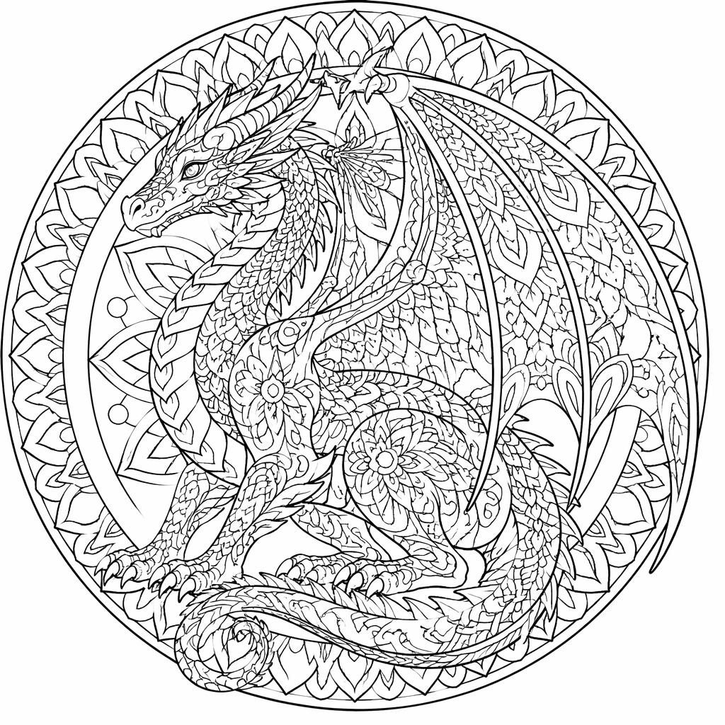 Ilustración en blanco y negro de un dragón fantástico adulto con detalles tipo mandala, lista para colorear.