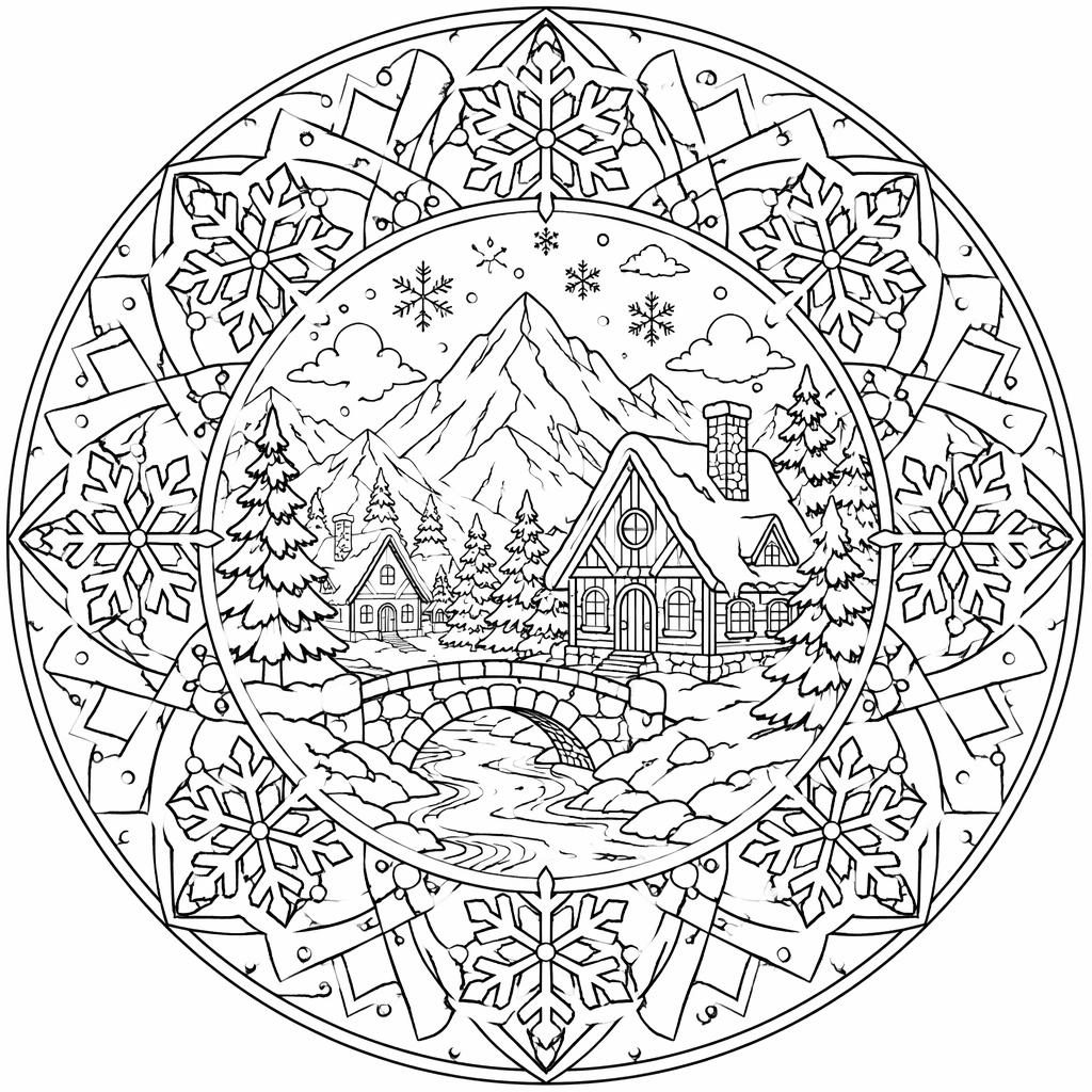 Black-and-white mandala geometric adult coloring page with intricate closed shapes in clean printable line art.