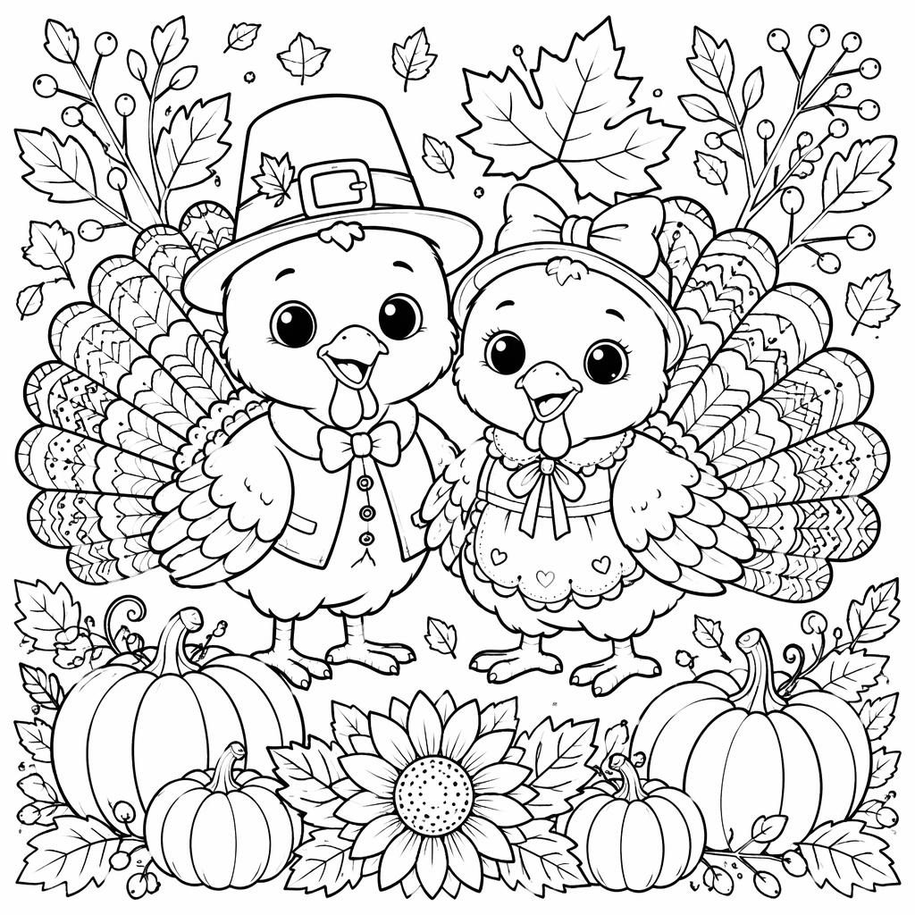 Illustration à colorier en noir et blanc d’une dinde de Thanksgiving avec des enfants, style cartoon mignon, détails modérés.