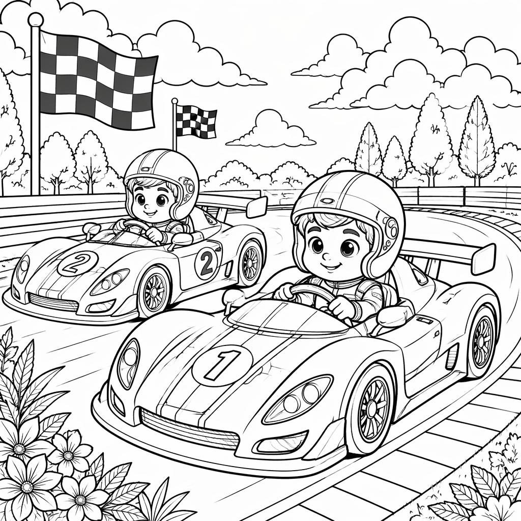 Ilustración en blanco y negro de coches de carreras para niños, con contornos limpios y detalle moderado.