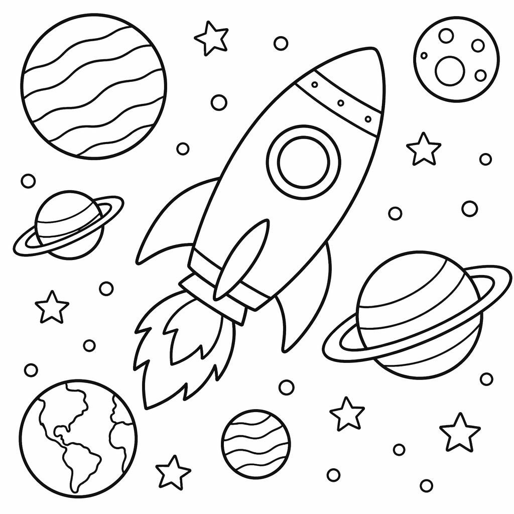 Illustration noir et blanc d’une fusée cartoon entourée de planètes, style coloriage simple pour enfants.