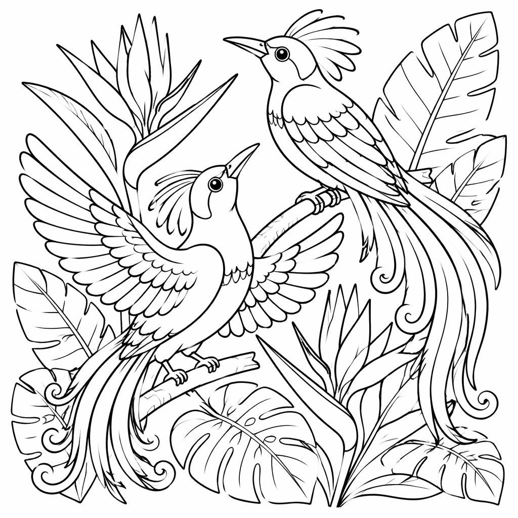 Schwarz-weiße Ausmalbild-Illustration mit niedlichen, detaillierten Paradiesvögeln als klare Cartoon-Lineart