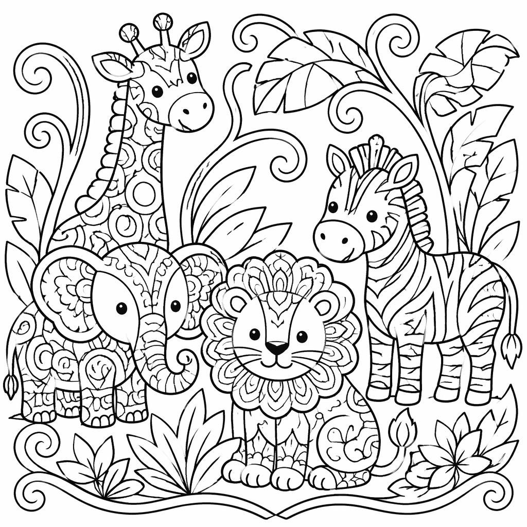 Ilustración para colorear en blanco y negro de una ballena con patrones zentangle y contornos simples.