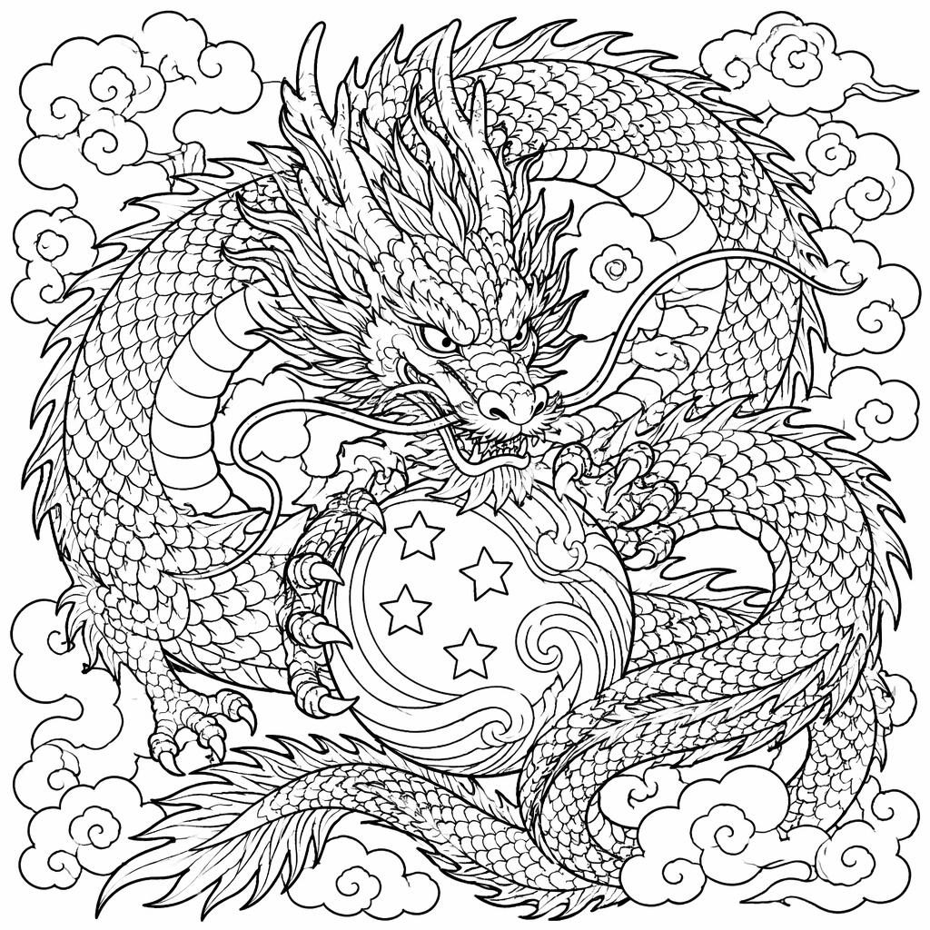 Schwarz-weiße Ausmalseite mit detailreichem Fantasie-Drachen im Zentangle-Stil, klare Konturen auf weißem Hintergrund.