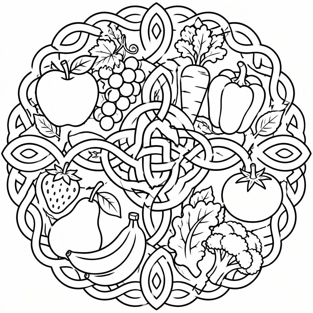 Illustration noir et blanc de nœuds celtiques complexes, style doodle zentangle, contours nets à colorier sur fond blanc.