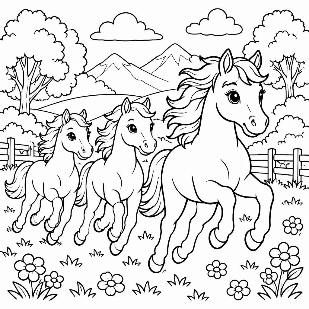 Schwarz-weiße Ausmalbild-Illustration mit mehreren galoppierenden Pferden, kindgerecht, mit dicken klaren Linien.