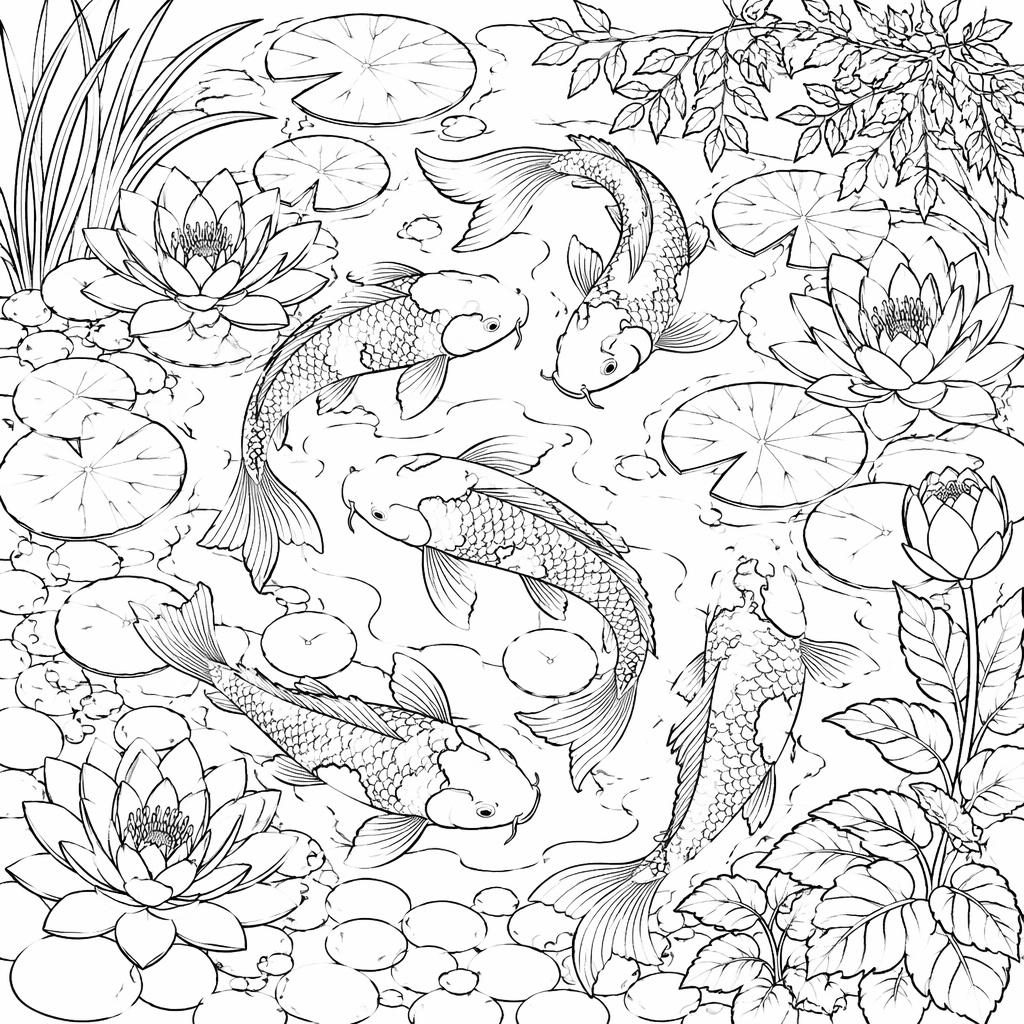 Schwarz-weiße Ausmalbild-Illustration eines detailreichen Koi-Teichs mit Fischen, Pflanzen und klaren Linien.