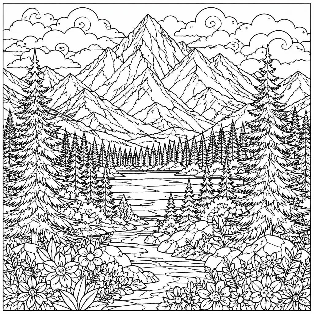 Schwarz-weißes Ausmalbild mit Bergen und Tannen, detailreiche Line-Art für Erwachsene auf weißem Hintergrund