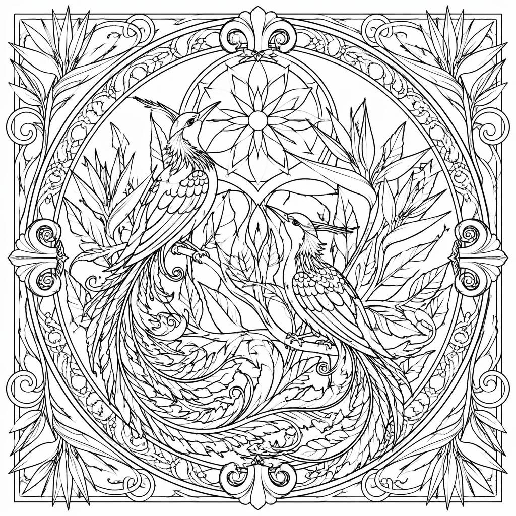 Ilustración para colorear en blanco y negro de aves del paraíso detalladas, estilo art nouveau, con contornos limpios.