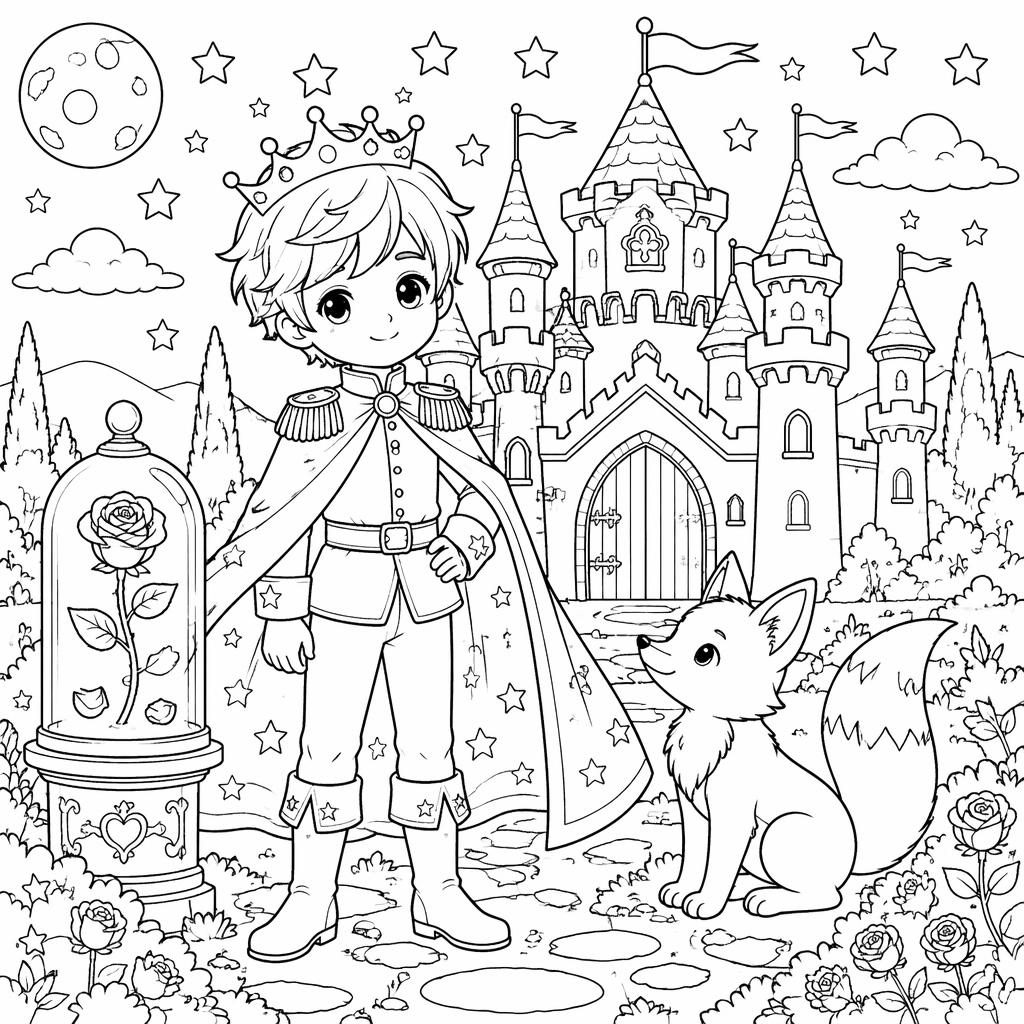 Ilustración para colorear en blanco y negro de un castillo de princesa de cuento, con estilo manga y detalles intrincados.