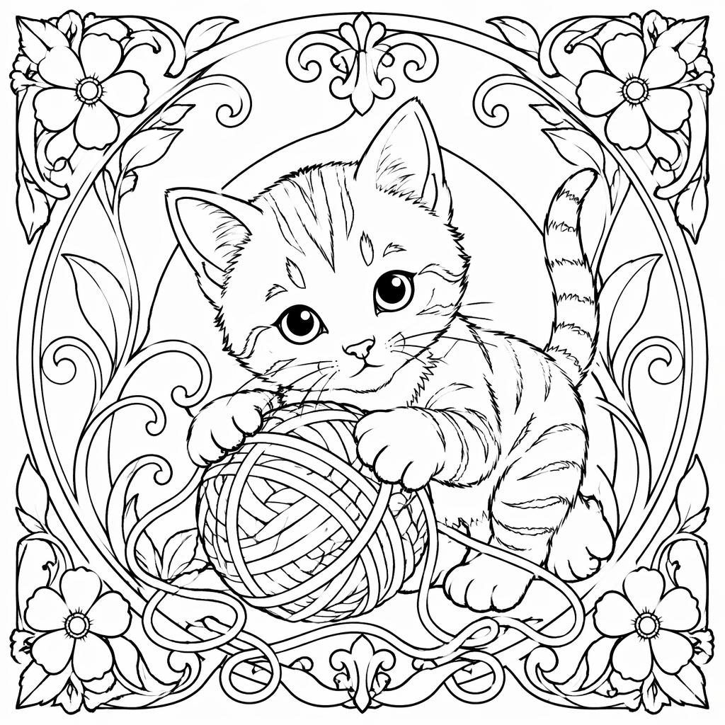 Ilustración para colorear en blanco y negro de un gatito con ovillo, estilo art nouveau, líneas limpias y detalle intrincado.