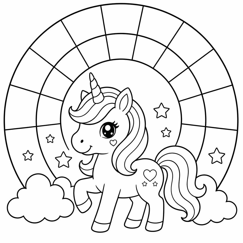 Ilustración para colorear en blanco y negro de un unicornio simple junto a un arcoíris, estilo manga infantil.