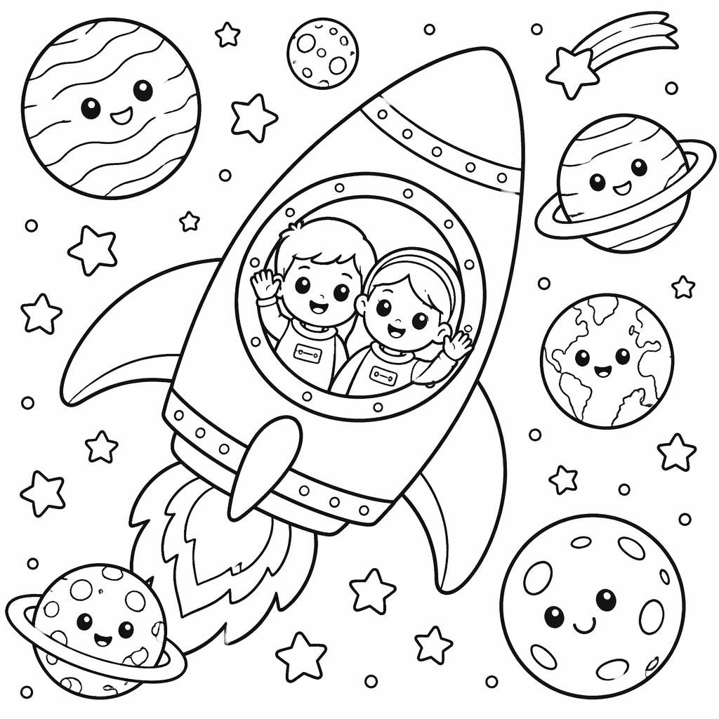 Página para colorear en blanco y negro con un cohete espacial tierno y planetas, en estilo cartoon infantil.