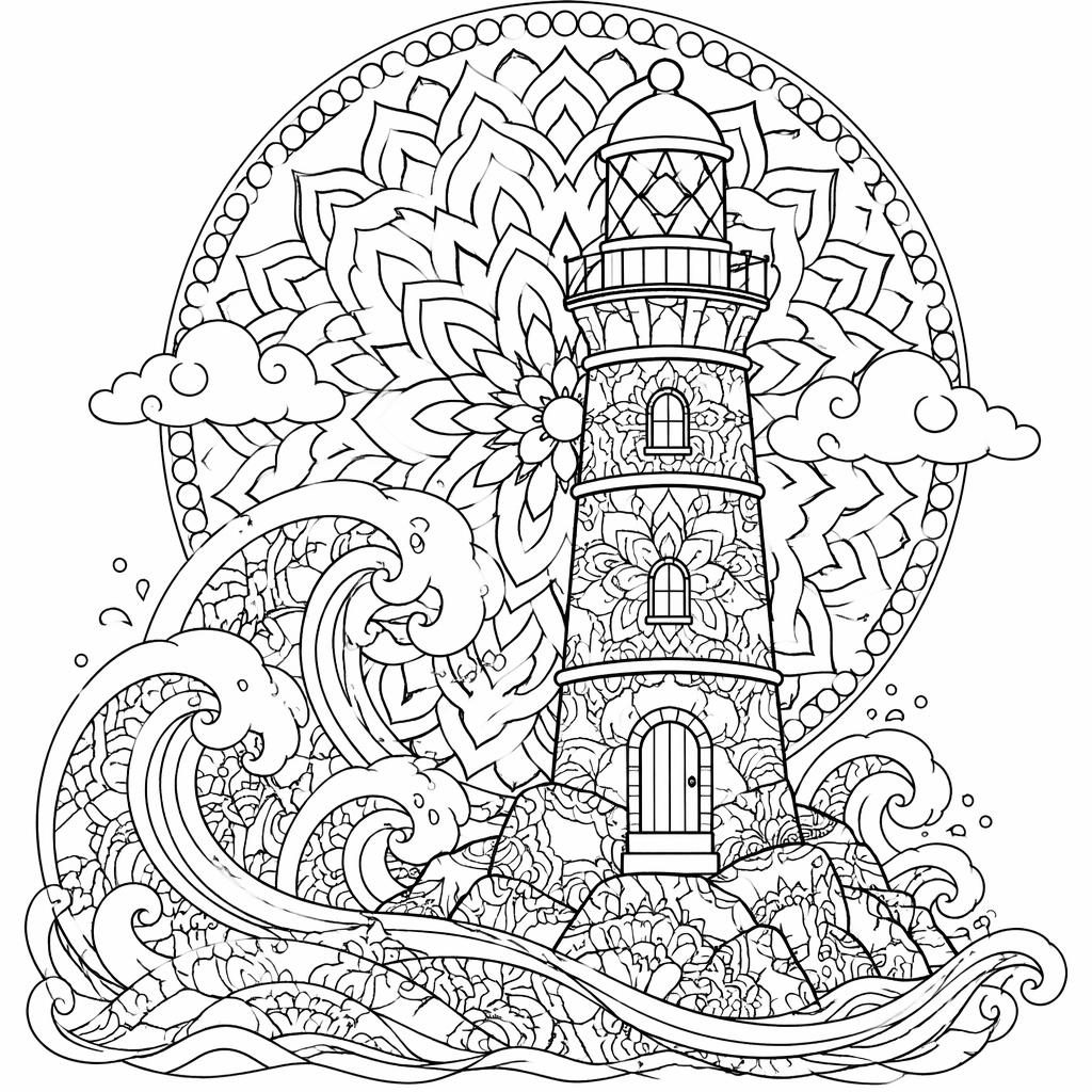 Ilustración para colorear en blanco y negro de un faro con olas, estilo manga, líneas limpias y formas cerradas.