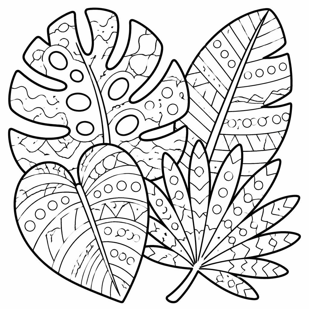 Illustration noir et blanc de grandes feuilles tropicales en style zentangle simple, contours épais, fond blanc.