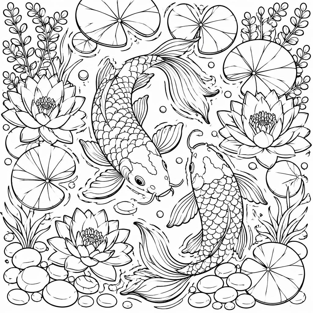 Ilustración en blanco y negro de un estanque con peces koi, líneas gruesas y detalles intrincados, lista para colorear.