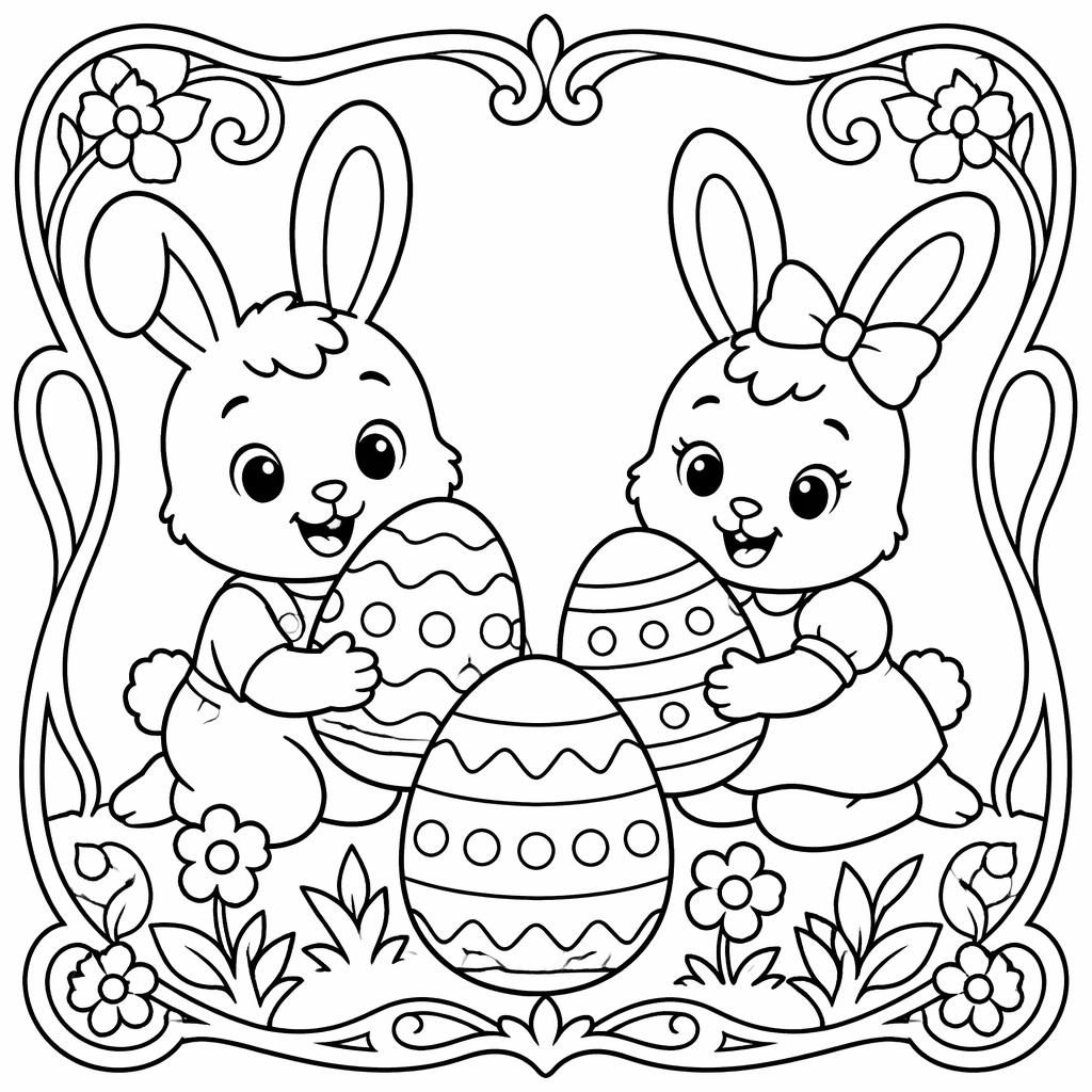Schwarz-weiße Ausmalseite mit Hasenkindern und Ostereiern, in einfachen dicken Linien auf weißem Hintergrund.