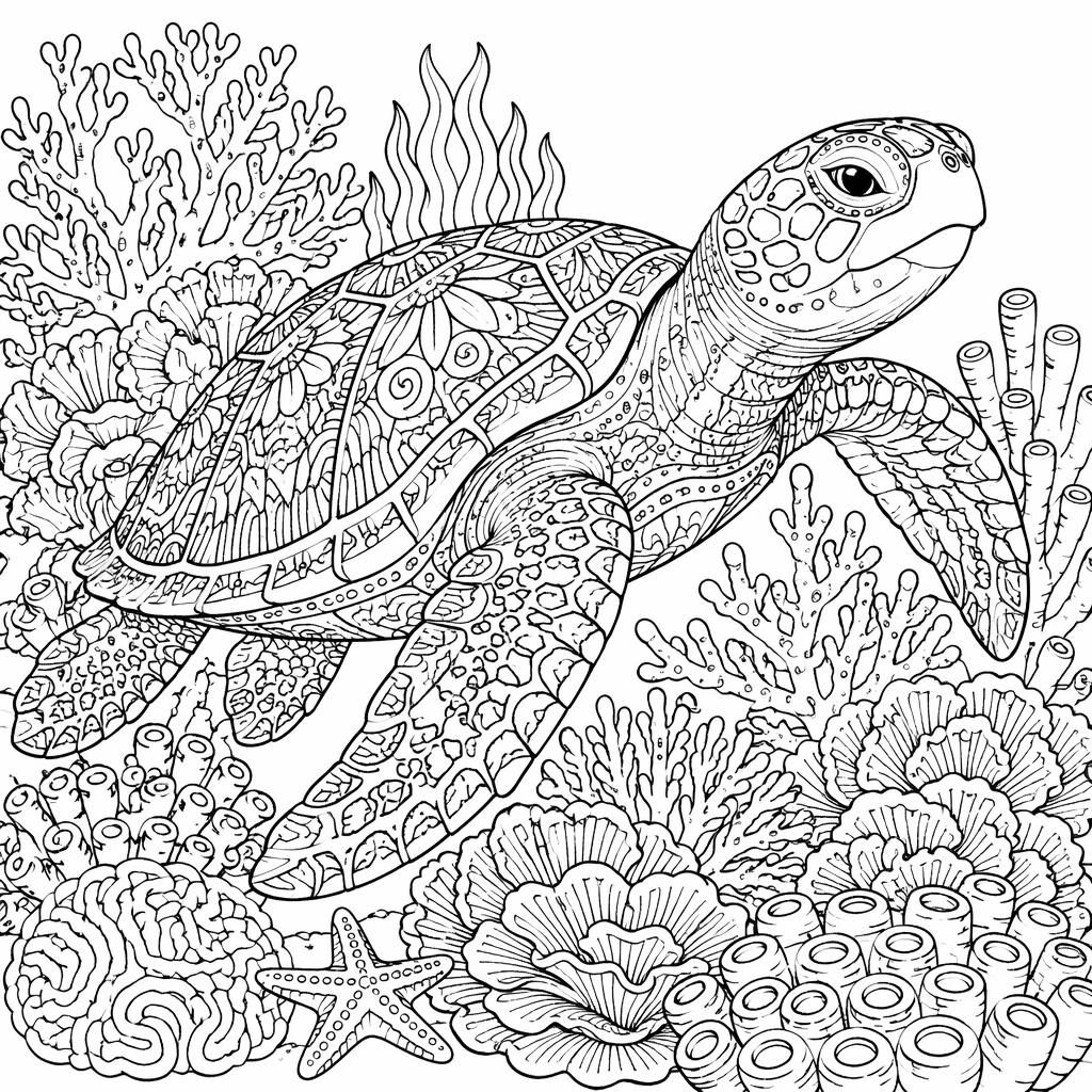 Ilustración para colorear en blanco y negro de una tortuga marina adulta en arrecife, estilo zentangle detallado.