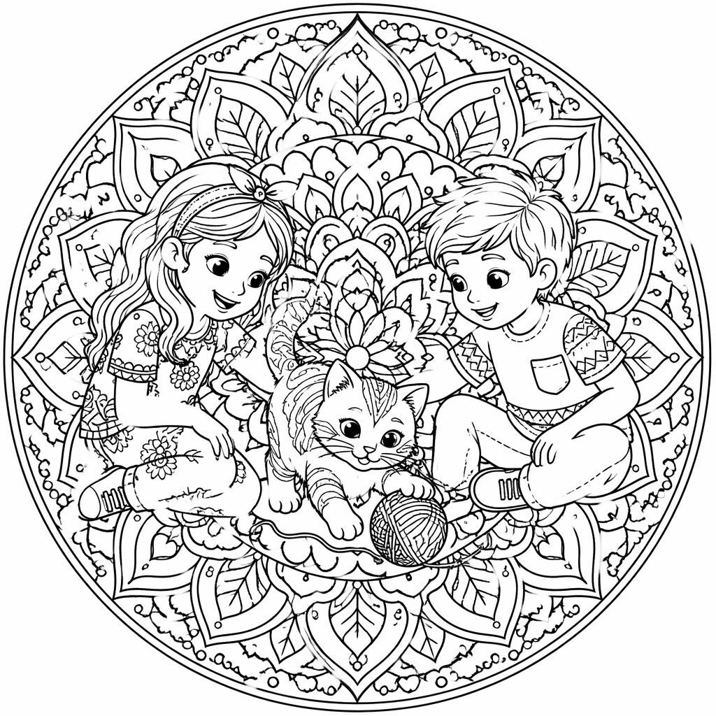 Ilustración para colorear en blanco y negro de un gato y niños jugando, estilo zentangle con contornos limpios.