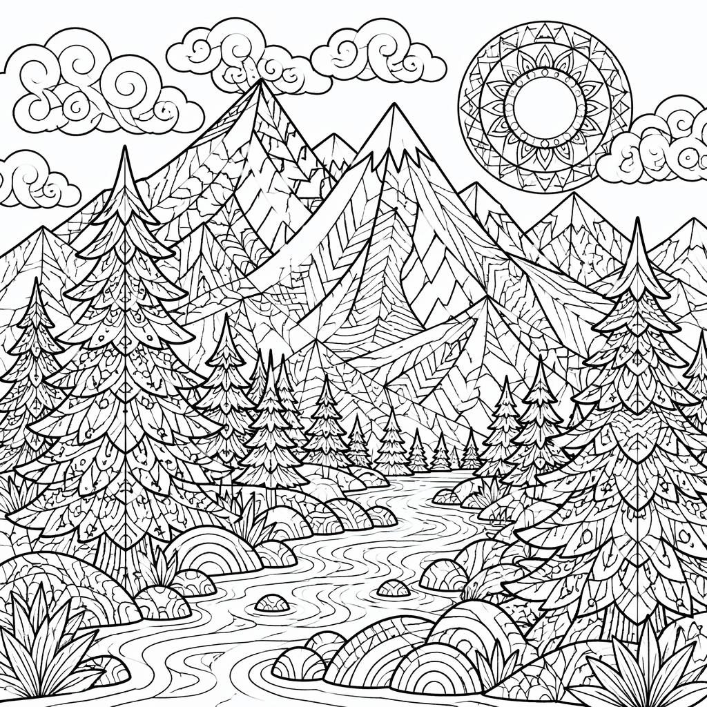 Black-and-white coloring page with mountains and pine trees in an intricate adult zentangle line-art style.