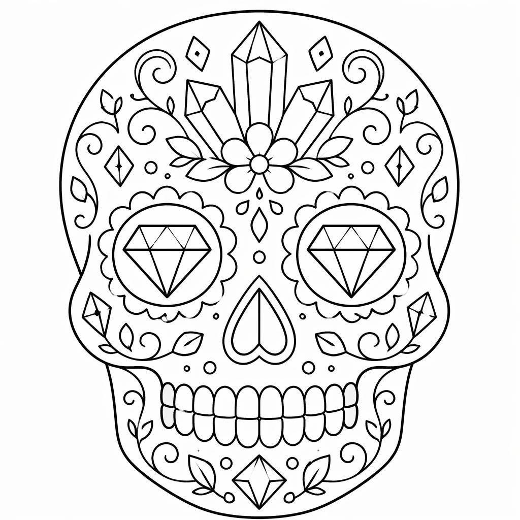 Schwarz-weiße Ausmalbild-Illustration eines einfachen Sugar Skulls mit klaren Konturen auf weißem Hintergrund.