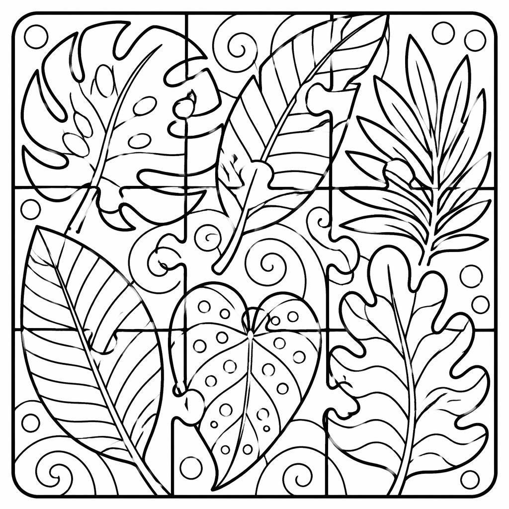 Schwarz-weißes Puzzle Ausmalbild mit tropischen Blättern im einfachen Zentangle-Stil für kleine Kinder