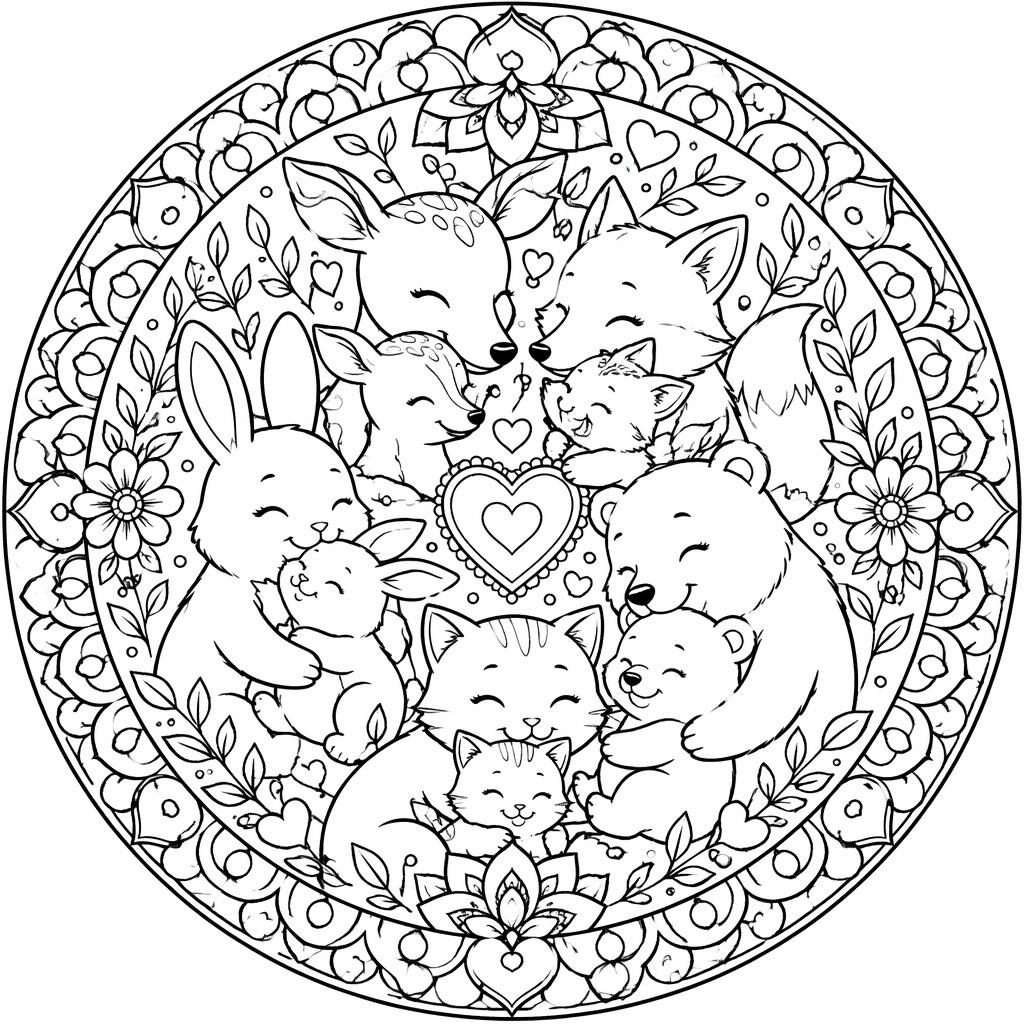 Ilustración para colorear en blanco y negro de madres y crías animales, estilo manga, con detalles tipo mandala.