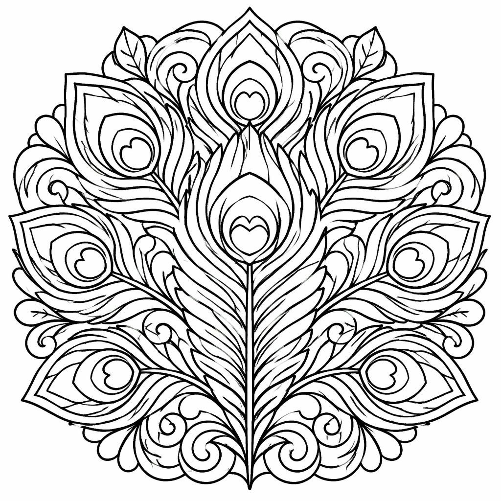 Ilustración en blanco y negro de plumas de pavo real con líneas gruesas, estilo manga simple para colorear.