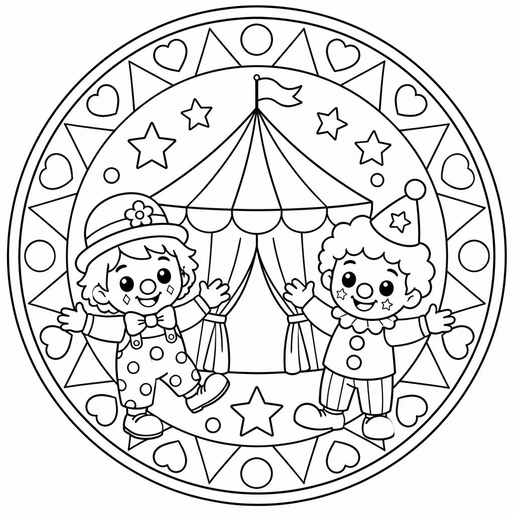 Ilustración en blanco y negro de una carpa de circo con payasos niños, estilo manga simple y contornos limpios.