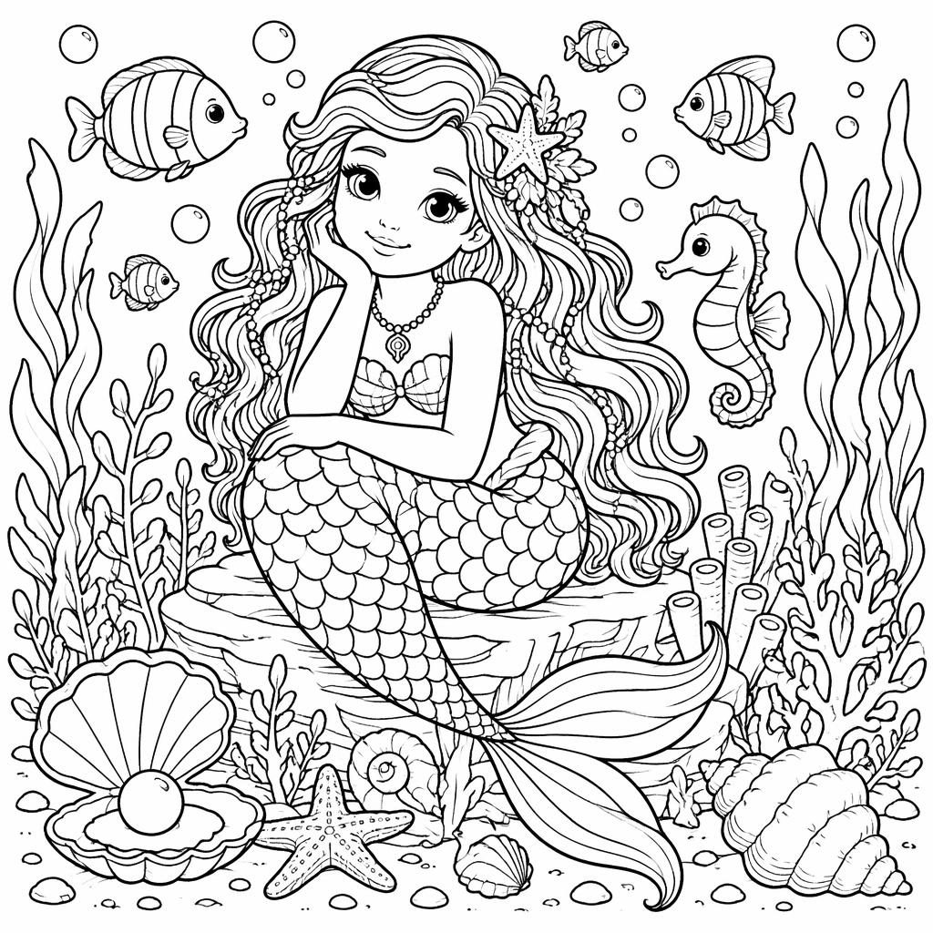 Ilustración para colorear en blanco y negro de una sirena bajo el mar con elementos marinos y estilo botánico.