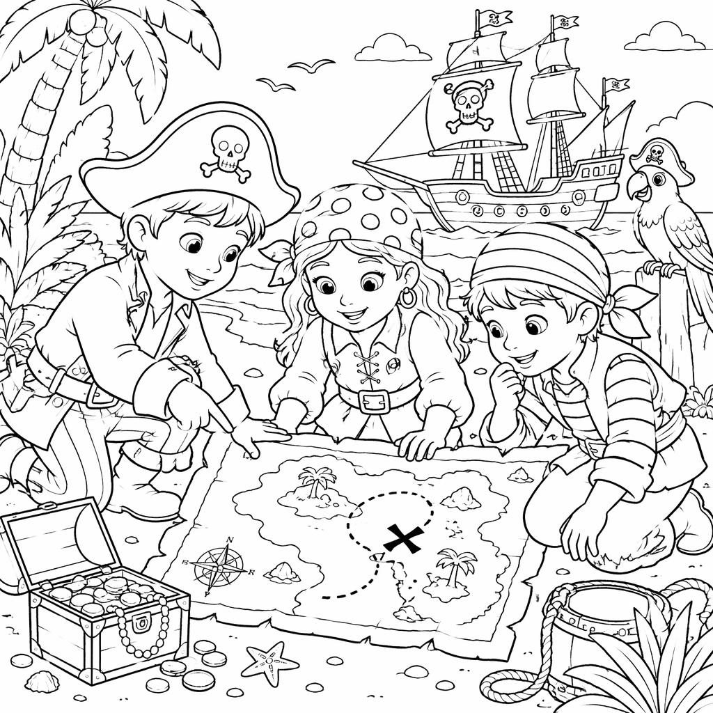 Black-and-white coloring page of kid-friendly pirates with a treasure map, drawn in detailed clean line art.