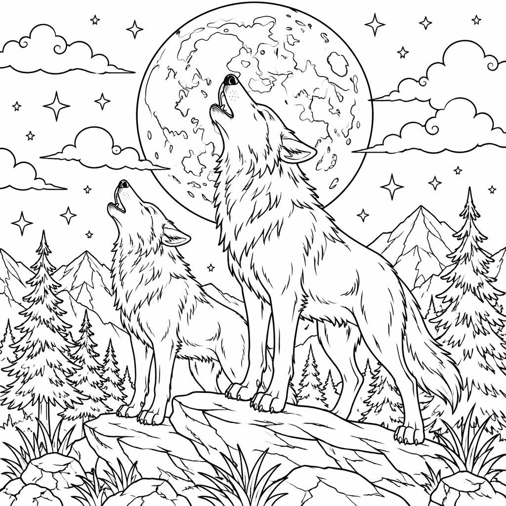 Ilustración para colorear en blanco y negro de lobos adultos aullando a la luna, estilo manga, con líneas limpias.