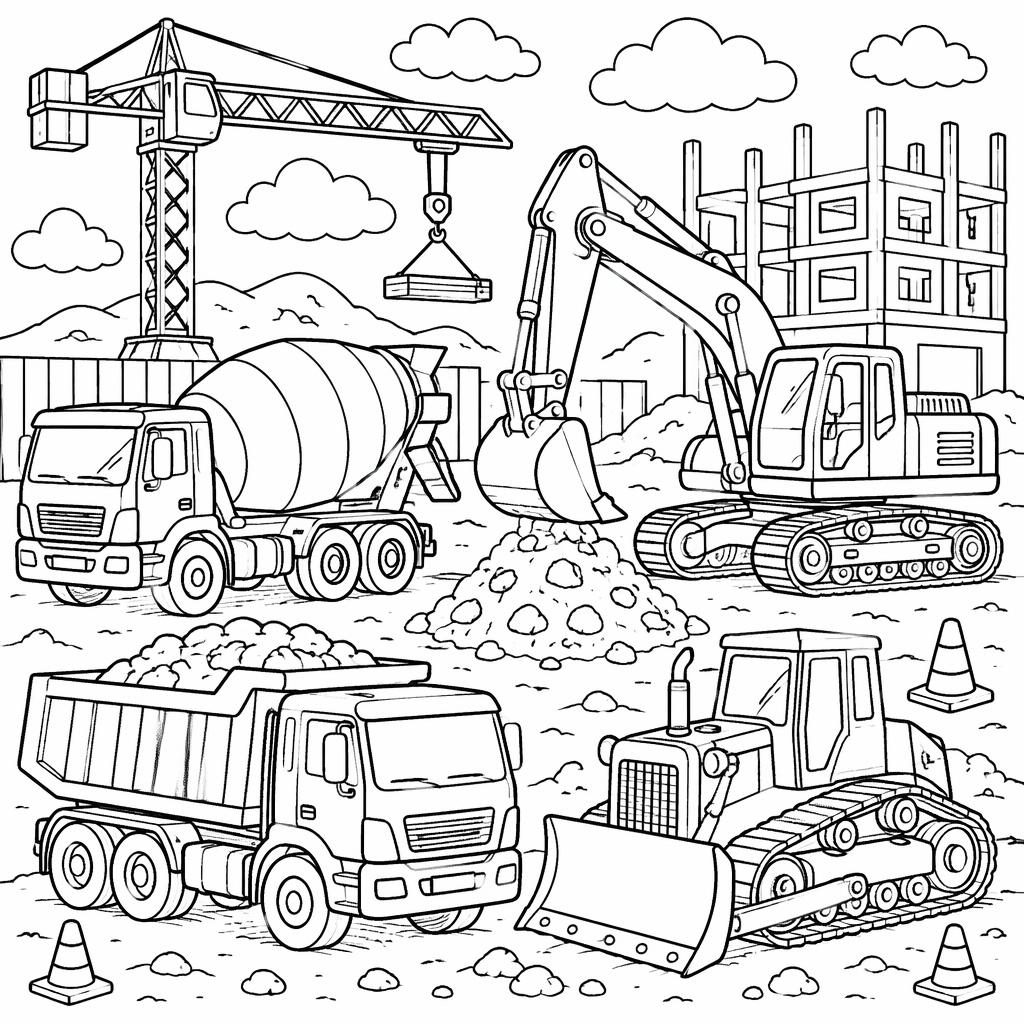 Schwarz-weiße Ausmalbild-Illustration mit Baustellenfahrzeugen für Kinder im botanisch inspirierten Linienstil
