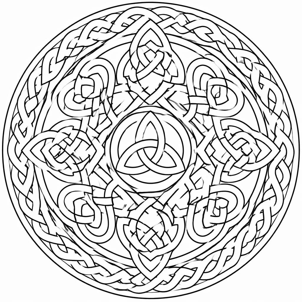 Ilustración para colorear en blanco y negro con nudos celtas intrincados en estilo mandala geométrico.