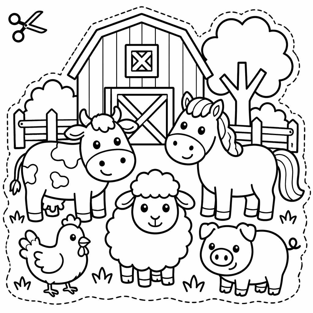Illustration noir et blanc d’animaux de la ferme pour enfants, traits épais, formes simples à colorier et découper.