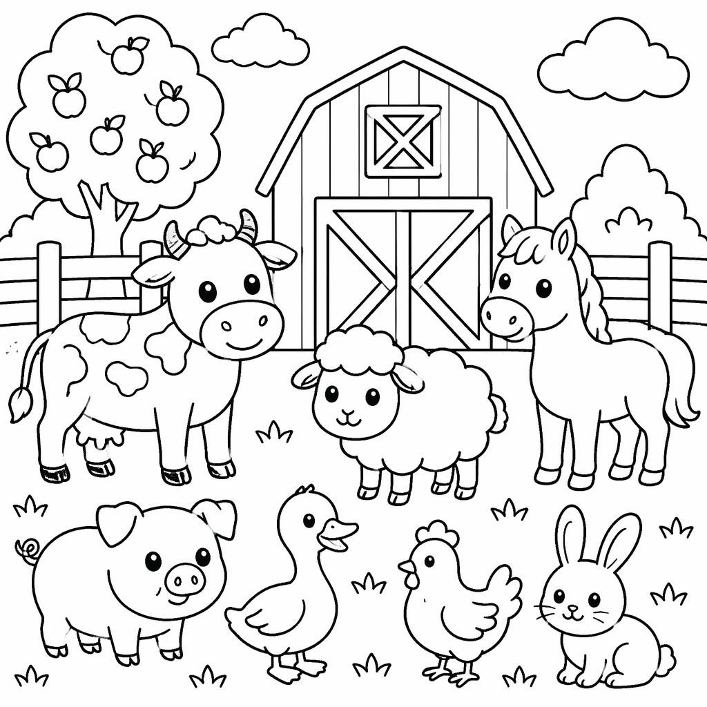 Schwarz-weiße Ausmalbild-Illustration mit einfachen Bauernhof-Tieren für Kinder, klare Konturen, weißer Hintergrund.