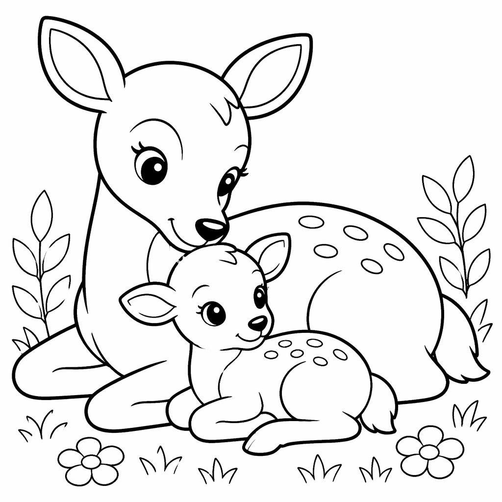 Black-and-white coloring page with simple mother and baby animals in chunky outlines, kid-friendly and easy to color.
